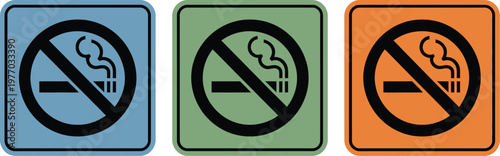 No smoking prohibition icon set, collection of cigarette ban symbols in rounded square badges for health awareness public safety regulations and warning sign design.