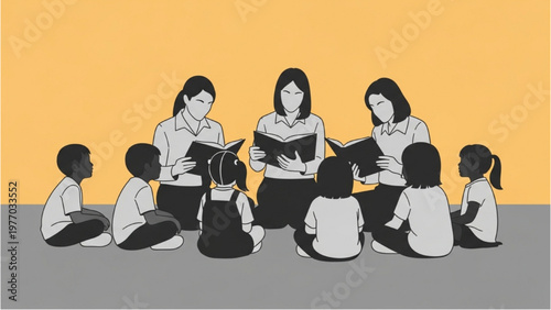 Women reading books to children in a circle on floor