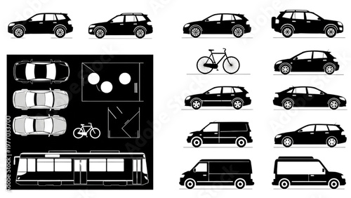 Vector CAD drawings of various vehicles and a bicycle in urban planning