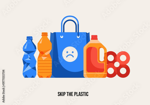 Skip the Plastic Environmental Campaign Illustration with Sad Shopping Bag and Disposable Plastic Waste Icons