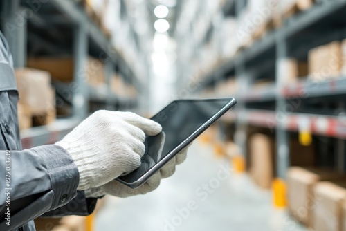 Manager in warehouse holding digital tablet. Worker with phone near storage racks for logistics, storehouse management apps. Male Checking Inventory with device. Distributor technology for warehousing