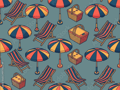 Seamless Isometric Summer Beach Pattern with Sun Umbrellas, Deck Chairs, and Picnic Baskets on Teal Background