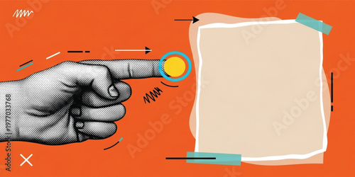 Creative Call to Action Concept with Hand Pressing Button and Blank Paper Banner for Copy Space, Marketing Message, Advertising Design, and Promotion Layout