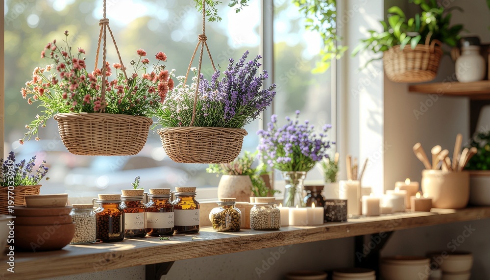 Fototapeta premium A beautifully arranged window sill with hanging flower baskets, essential oil bottles, and candles, creating a serene indoor garden atmosphere.