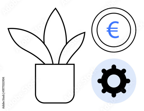 Financial growth concept. Black and white plant progress, euro currency symbol highlights financial focus, and gear s innovation. Perfect for business, fintech, growth, economy, and investment
