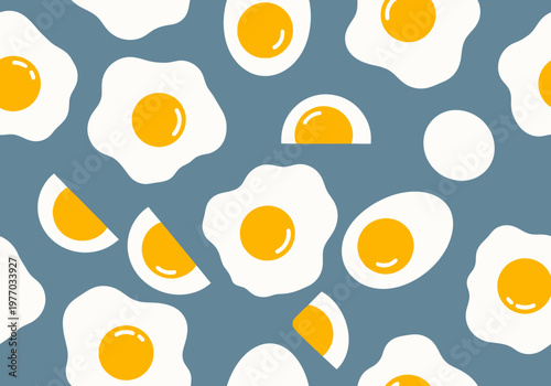Minimalist Fried and Boiled Egg Pattern on Blue Background, Flat Vector Illustration of Breakfast Food and Healthy Protein for Kitchen Decor and Packaging