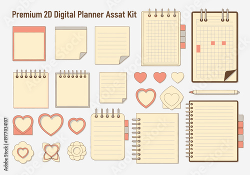 Premium 2D Digital Planner Asset Kit with Notebooks, Sticky Notes, Paper Templates, and Heart Decorative Icons for Digital Journaling and Stationery Design