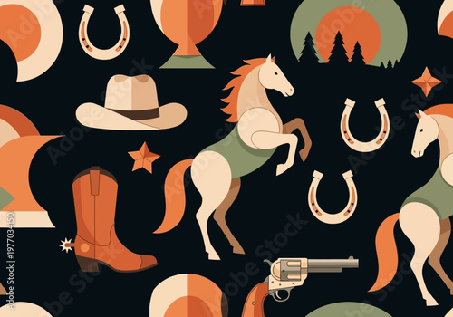Wild West Seamless Pattern with Cowboy Horses, Boots, and Revolvers in Flat Vector Style