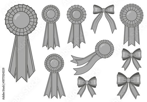 Set of Silver Award Rosette Ribbons and Decorative Bows Icons. Vector Illustration of Prize Medals for Achievement, Success, and Competitions.