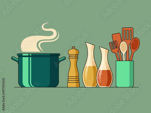 Minimalist Vector Kitchen Illustration with Steaming Pot, Pepper Mill, and Cooking Utensils on Green Background for Culinary and Recipe Design