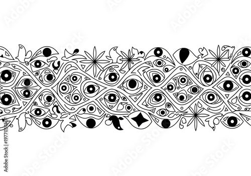 Abstract Black and White Border Pattern with Surreal Eyes, Birds, and Geometric Shapes in Folk Art Style