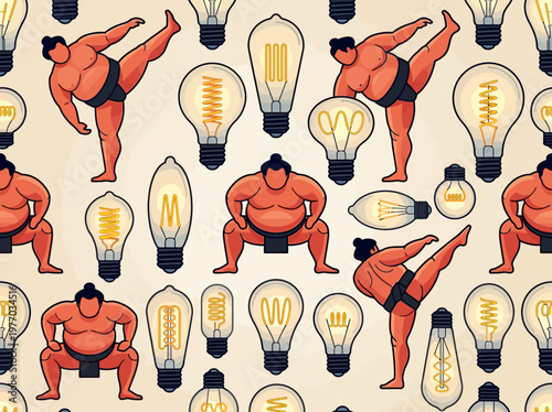 Sumo Wrestlers and Vintage Light Bulbs Seamless Pattern - Creative Idea and Strength Concept Illustration