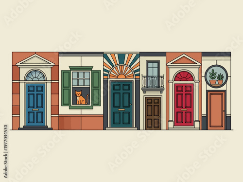 Flat Vector Illustration of Colorful Vintage Townhouse Facades and Doors with a Cat in the Window