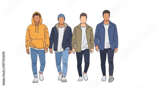 Four young men walking in casual vector CAD fashion illustrations