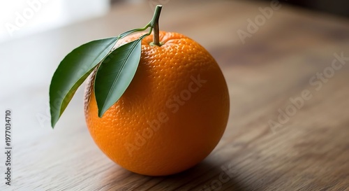Jeruk Segar dengan Dua Daun Hijau di Atas Permukaan Kayu Alami