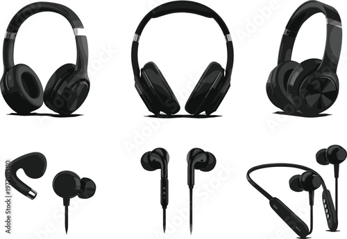 Set of Black Headphones, Earphones, and Wireless Bluetooth Headsets Illustrations for Technology and Audio Design