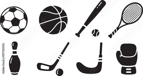 Black and white line of sports equipment golf ball tennis racket baseball bat shuttlecock and bowling pins