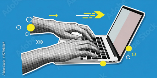 Digital Work Concept with Hands Typing on Laptop, Online Communication, Remote Work, Technology Productivity, Modern Business Workflow Pop Art Vector Illustration