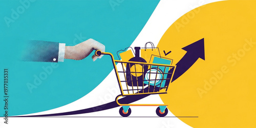 Ecommerce Growth Concept Illustration with Shopping Cart, Consumer Goods, and Upward Arrow Representing Online Sales Increase, Retail Success, and Digital Marketing Strategy