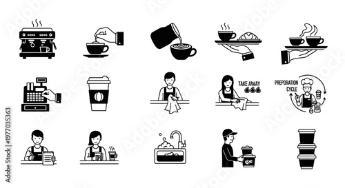 Coffee shop service icons set depicting barista workflow preparation steps beverage production and customer service routines in simple black flat vector graphics