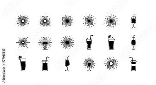 Sunburst cocktail and drink icons set showing refreshing beverages with straws citrus garnishes and radiant light effects for summer menu design graphic asset
