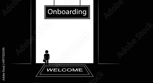 Onboarding workplace welcome sign icon depicting person with briefcase entering new office door for employee orientation corporate culture and business growth