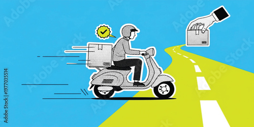 Fast Delivery Service Concept with Courier Riding Scooter, Parcel Shipment, and Contactless Payment in Modern Collage Style for Logistics, Ecommerce, and Shipping Design