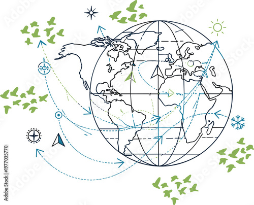 Global Logistics and Supply Chain Illustration with World Map, Shipping Routes, Navigation Icons and Eco Elements, International Trade Vector Design