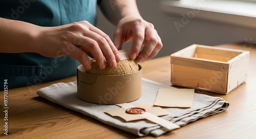 A person carefully preparing and packaging artisanal food in a small wooden container.