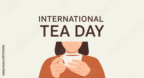 Relaxed woman enjoying a warm cup of tea, celebrating International Tea Day on light beige background.