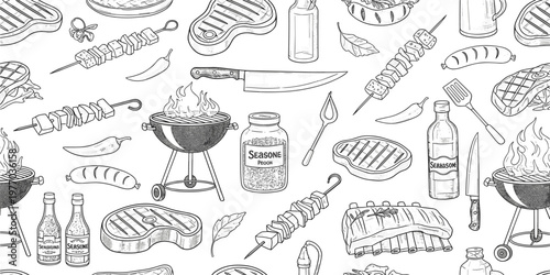 Hand Drawn Barbecue Seamless Pattern with Grill, Meat, Skewers, Spices, and Cooking Tools in Outline Style for Food Packaging, Menu, and Kitchen Design