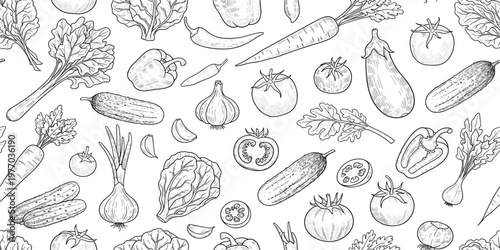 Hand Drawn Vegetable Seamless Pattern with Fresh Organic Produce Including Tomato, Carrot, Eggplant, Onion, and Leafy Greens for Healthy Food Design