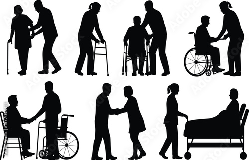 Silhouettes of elderly people receiving assistance and care vector illustration EPS PNG file