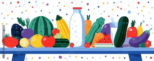 Flat illustration of healthy food and drink on a table, in a simple, flat style design.