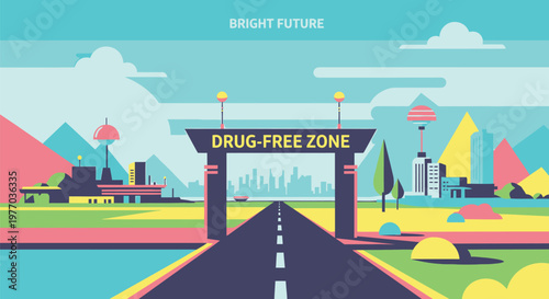 Illustrative Urban Gateway Leading to a Prosperous City, Symbolizing a Future of Well-being and Substance-Free Living