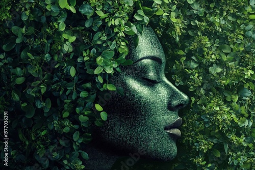 A visually striking concept featuring a person whose skin or hair transitions into lush foliage and digital code.