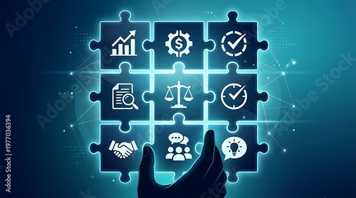 Hand assembling a puzzle of business and legal representing strategy, finance, and justice