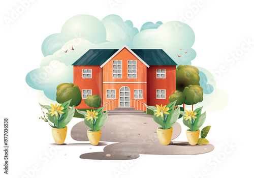 Charming suburban house with a path, trees and blooming flowers in pots in front of it, located on a small hill under an overcast sky, vector illustration

