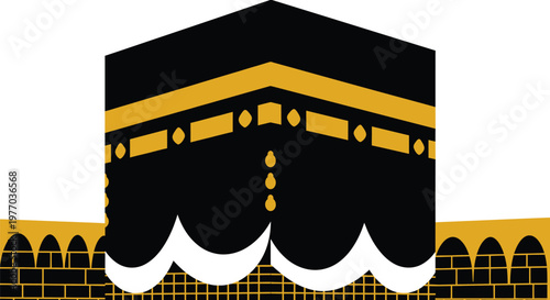 Iconic Kaaba illustration in black and gold, symbolizing Islamic faith and pilgrimage