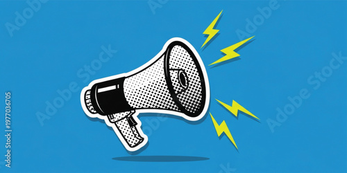 Megaphone Announcement Icon in Pop Art Style with Lightning Bolts for Marketing, Advertising, Communication, Promotion, and Attention Grabbing Design