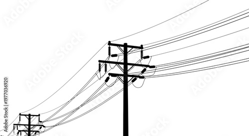 Silhouette of utility poles and numerous power lines against a clean white background, symbolizing electricity infrastructure and connectivity.