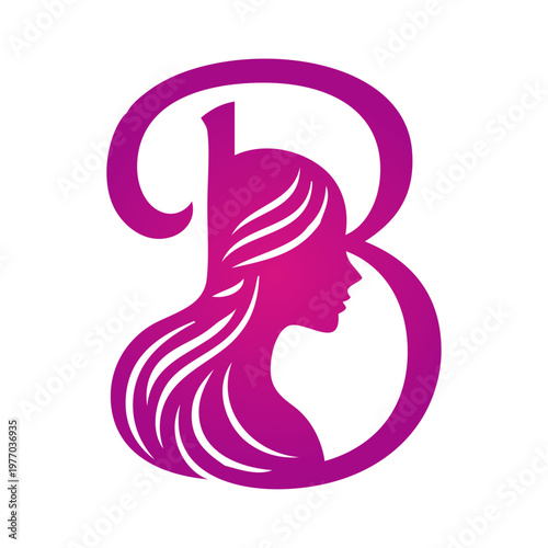 Logotipo de salón de belleza con letra inicial B con silueta de cara de mujer de perfil con peinado con ondas