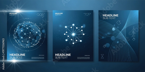 Modern Technology Brochure Templates with Abstract Network Connections, Digital Data Visualization, Futuristic Blue Covers, Corporate Presentation Vector Design Set
