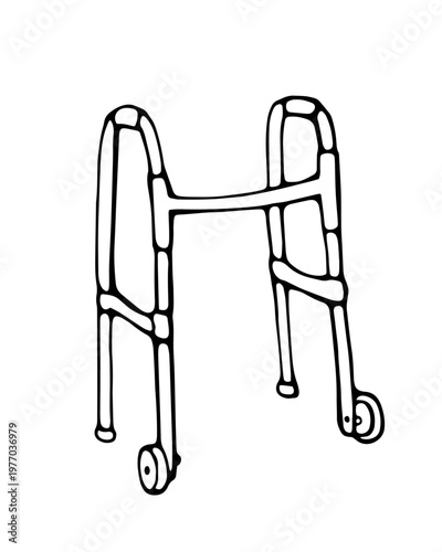 Walker mobility aid elderly support medical doodle illustration