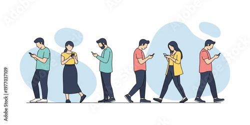 People Walking While Using Smartphones Illustration Showing Mobile Addiction, Social Media Usage, and Modern Lifestyle Behavior in Flat Design Style