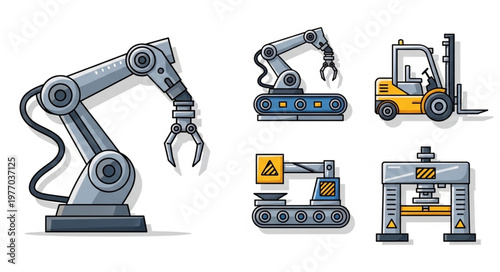 Collection of industrial machinery and automation equipment icons.