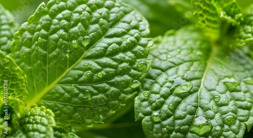 Close up of green mint leaves with water droplets