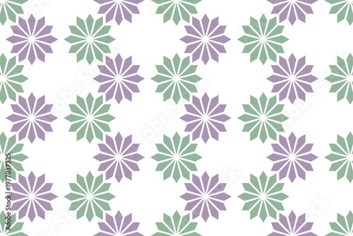 A seamless pattern of purple and green flowers on white background
