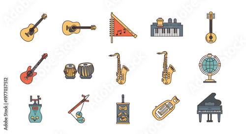 Musical Instruments Collection - A Vivid Assortment of String, Wind, Percussion, and Keyboard Instruments