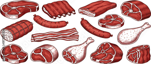 Raw Meat Cuts Illustration Set with Beef, Pork, Sausages, Bacon, and Ribs in Hand Drawn Style for Butcher Shop, Menu, and Food Design